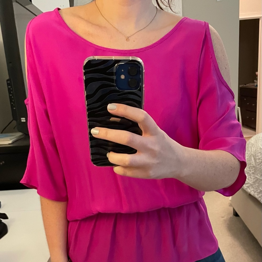 Magenta silk cold shoulder top